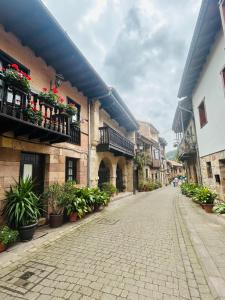 an empty street in an old town with potted plants at Apartamentos Las Alas in Cartes