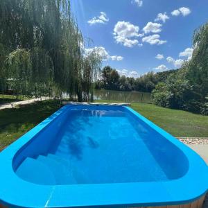 a large blue swimming pool in a yard at Nándi Jakuzzis Vendégház in Gyomaendrőd