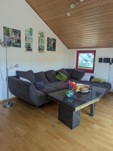 a living room with a couch and a table at FEWO Villa Farbenfroh Monteurzimmer Garten Wlan 3SZ 120qm in Wathlingen