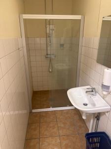 a bathroom with a shower and a sink at Carlssons matsalar in Gislaved