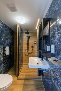 a bathroom with a sink and a shower at Stejkárna Špičák in Špičák +54 photos