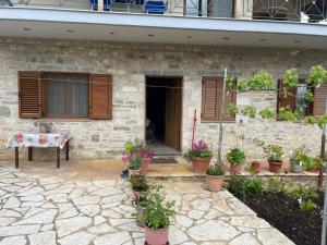 a stone house with potted plants in front of it at Stone House Leskovik in Leskovik
