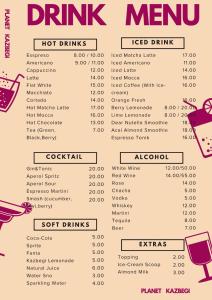 a menu of the drinks menu of the hot drinks restaurant at Planet kazbegi in Kazbegi +65 photos