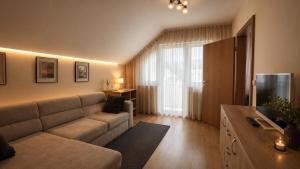 a living room with a couch and a television at Hotel - Pension Vesta in Bad Elster
