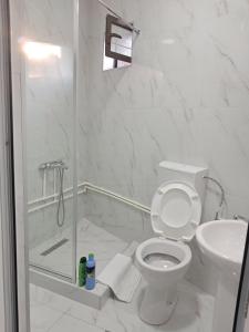 a bathroom with a shower and a toilet and a sink at Muso Apartments in Gevgelija