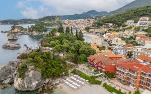 an aerial view of a town on the water at Achilleas Hotel in Parga
