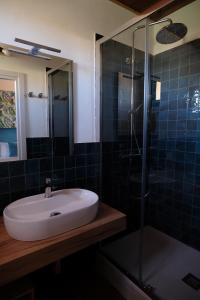 a bathroom with a sink and a glass shower at Antico Frantoio Rooms in Sambuca di Sicilia