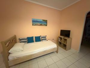 a bedroom with a bed with blue pillows and a tv at Irene's Sunny residence in Limnos in Néa Koútali