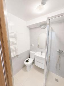 a white bathroom with a toilet and a mirror at Villa AGNAT in Gdańsk +35 photos