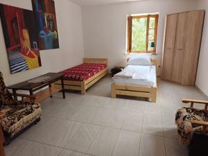 a room with two beds and a table and a window at Agroturystyka - Pasieka Miody Gór Opawskich in Dobiesźow