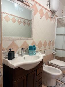 a bathroom with a sink and a toilet and a mirror at L Isola in Càbras