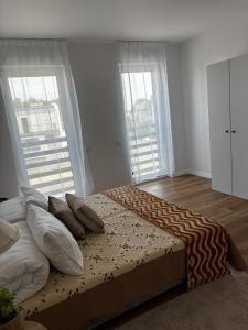 a bedroom with a bed with pillows and two windows at Apartament ul Jodłowa Malinka in Opole