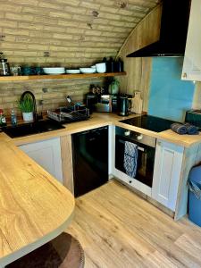 a kitchen with a stove and a counter top at Arts Hollow in Binegar