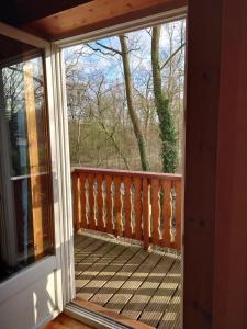 a screened in porch with a view of the woods at House at Jenischpark in Hamburg