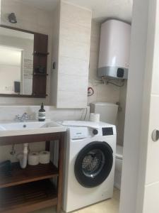 a bathroom with a washing machine and a sink at Studio Apartman Lana 3 in Ičići