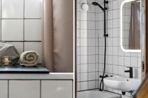 two pictures of a bathroom with a sink and a shower at 530-Lemvig-Lokkevej-59-D in Lemvig +24 photos