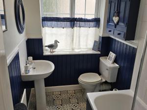 a bathroom with a bird standing on the window at Twisted Chimney View in Alford +7 photos