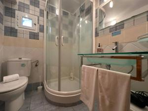 a bathroom with a shower and a toilet and a sink at Entrefrutales · Casa Rural entre Árboles y Aromas in La Vilueña