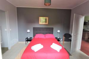 a bedroom with a red bed with white pillows at Gite cosy 4 pers en vallée de la Creuse in Baraize