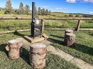 a wood stove in a field with three logs at The Belle Tent in Otterburn