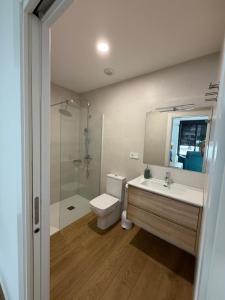 a bathroom with a toilet and a sink and a shower at El Gabal in Soto de la Marina
