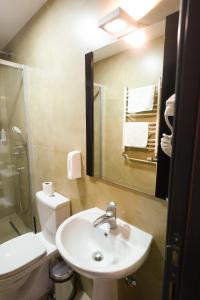 a bathroom with a sink and a toilet and a mirror at Aurelius Hotel & Restaurant in Pljevlja