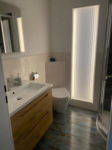 a bathroom with a sink and a toilet and a mirror at Ferienwohnung Fein in Bad Sachsa +7 photos