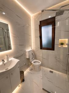 a bathroom with a toilet and a sink and a shower at Arbneshi Apartments in Ulcinj +18 photos