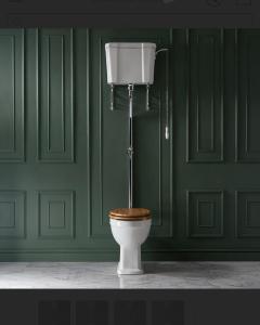 a toilet with a wooden seat in a green wall at Mühle am Sandbach in Niedererbach +18 photos
