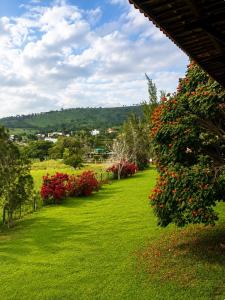 a green yard with red flowers and bushes at Flat Monte Castelo ,Vista Incrível,Conforto in Sairé