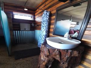 a bathroom with a sink and a mirror on a tree stump at The Regiment Self Catering Accommodation has 3 x 4 sleeper units in Cape Town +54 photos