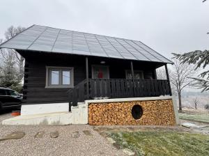 a small house with a black roof and a window at Chata Slovena in Novoť