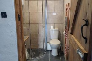 a small bathroom with a toilet and a shower at 1 Bed Barn - Sleeps 2 - Pool - Garden - Bbq in Taunton