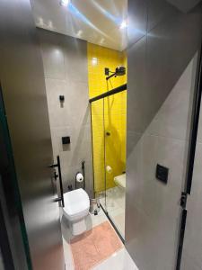 a small bathroom with a toilet and a shower at Pling Hotel in Jataí +24 photos