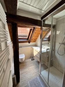 a bathroom with a glass shower and a toilet at Chambres d'hôtes chez Adam  +36 photos