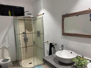 a bathroom with a shower and a sink and a toilet at House - Maison Blue Print- 2 bedrooms in Surinam