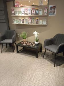 two chairs and a coffee table in a waiting room at IBIS Fourmies in Fourmies