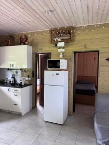 a kitchen with white appliances and a room with a bed at Zvaigznītes in Aglona