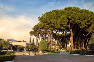 a group of trees in a park with a building at SOL by Meliá Tropikal Durres in Durrës