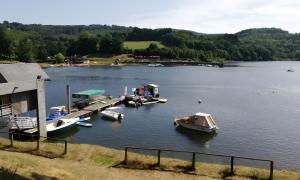 a group of boats parked at a dock on a lake at Gîte proche de La Salvetat in Le Soulié