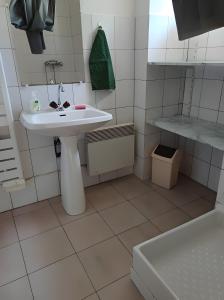 a white bathroom with a sink and a toilet at Gîte proche de La Salvetat in Le Soulié +22 photos