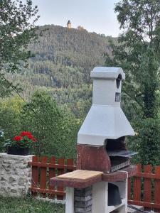 a outdoor oven with a mountain in the background at Eichberghaus in Aue