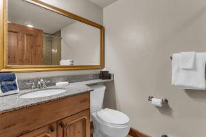 a bathroom with a toilet and a sink and a mirror at Zermatt Mountain Lodge Studio in Midway