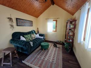 a living room with a green couch and a rug at Lugar dos Meandros 