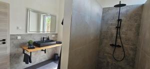 a bathroom with a shower and a sink at Gartenbungalow Rhönwald in Hilders +12 photos
