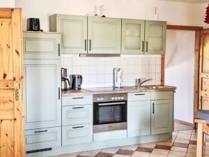 a kitchen with green cabinets and a sink at Apartment Rügen by Interhome in Dargun +23 photos