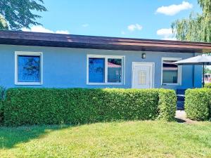 a blue house with a hedge in front of it at Holiday Home Goetheallee by Interhome in Krakow am See