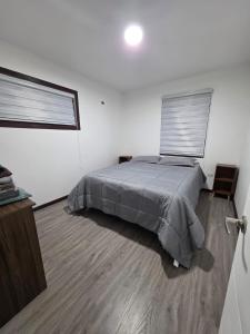 a bedroom with a bed and two windows at Casa en Lanco in Lanco