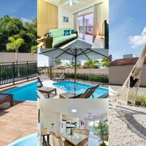 a collage of photos of a house with a pool at Apartamento com VISTA MAR, Ar-condicionado, Wi-Fi Condomínio com PISCINA, quadra de esportes Playground infantil a 15 minutos do Beto Carreiro in Piçarras +22 photos