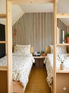 a bedroom with two beds and a book shelf at Tinyhaus in Dornburg